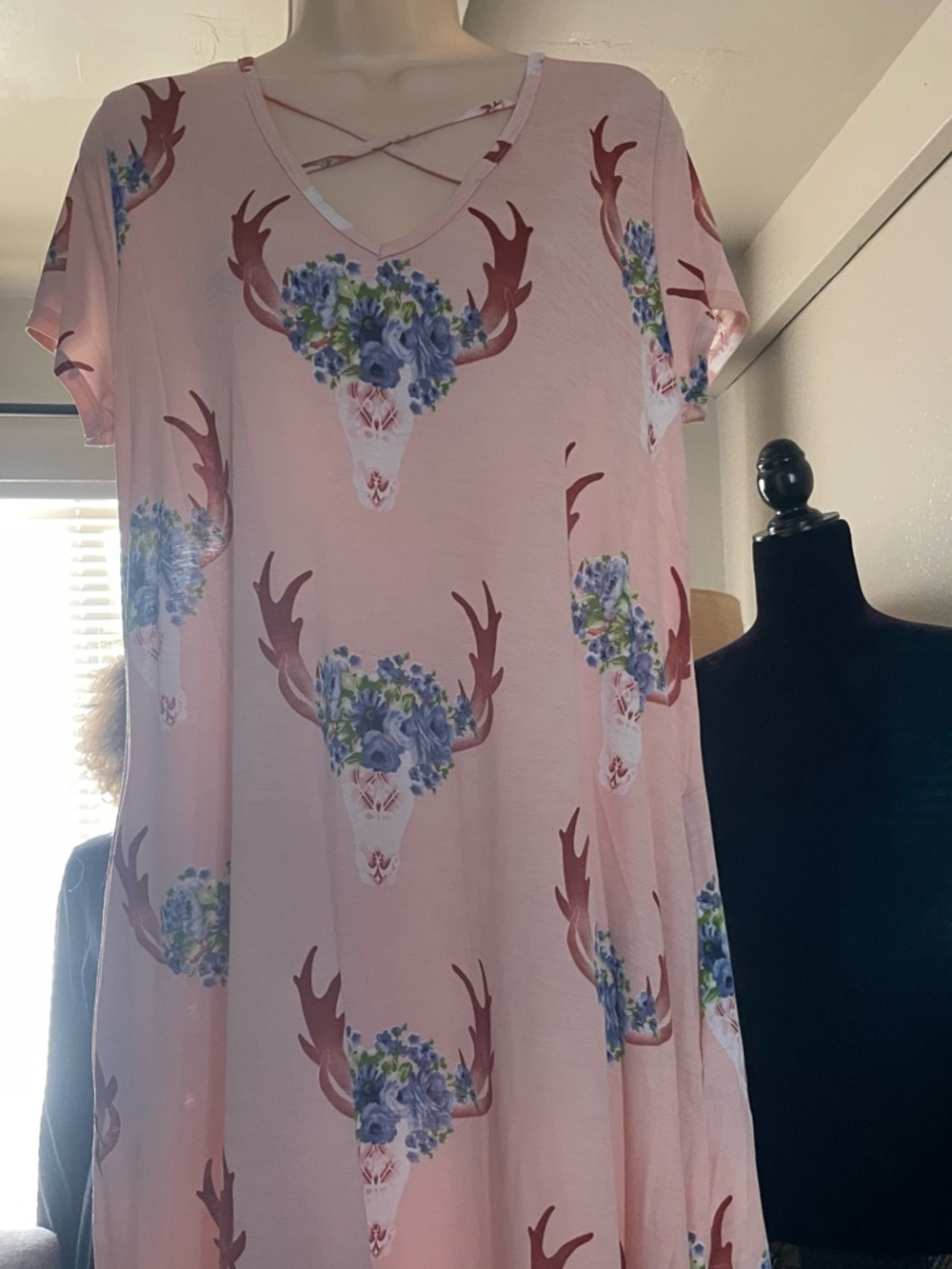 Pink Floral Skull Antler V-Neck Dress